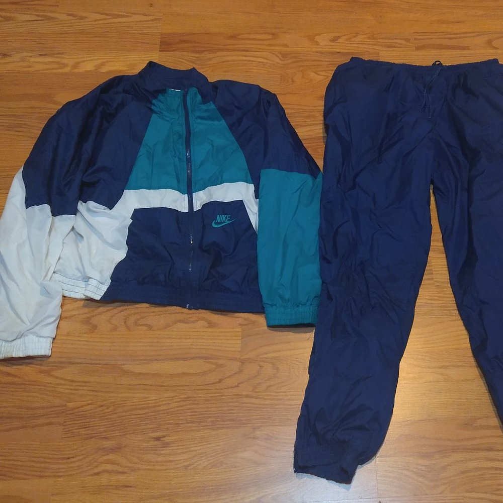 Vintage Nike Windbreaker Tracksuit - Teal/Navy/White - Mens' Medium